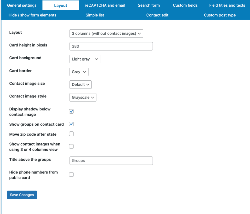 Contact List Plugin - Layout Options